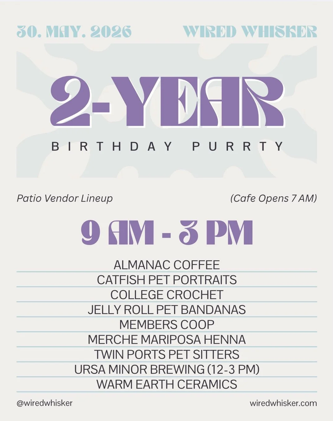 Our birthday purrty is 9 days away, on May 30th!! Here&rsquo;s our official list of vendors, with some booths returning from last year 🎉

Almanac Coffee &middot; Catfish Pet Portraits &middot; College Crochet &middot; Jelly Roll Pet Bandanas &middot
