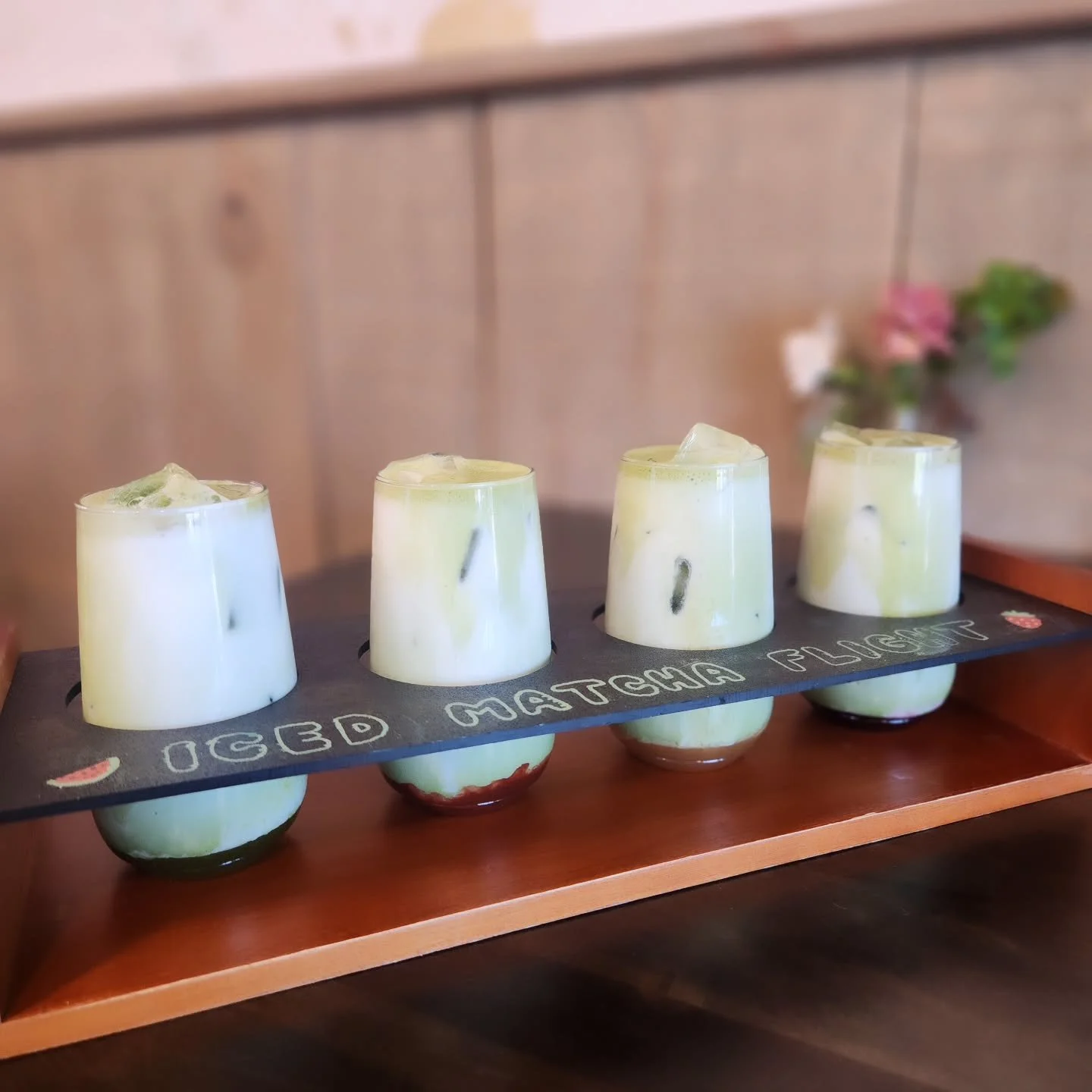 Our summer Matcha Flight is now available to order! Get four different flavored iced matcha lattes. Flavors will rotate throughout the summer. Right now you will get any four of the below flavors! Peach 🍑  Strawberry 🍓 Blackberry 🫐 Raspberry 🍌Ban