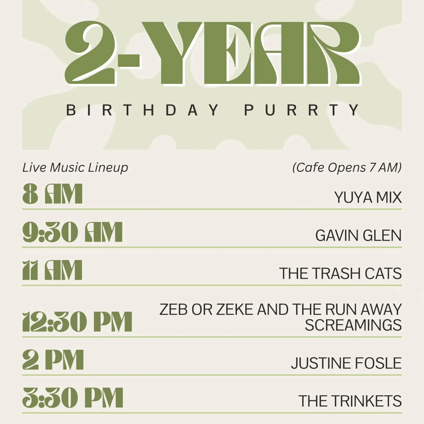 Jam out with us on the patio this Caturday, May 30th as we celebrate two years of coffee and cat rescue! 🎶🥳🎶 (The Trinkets added to our live music lineup!)