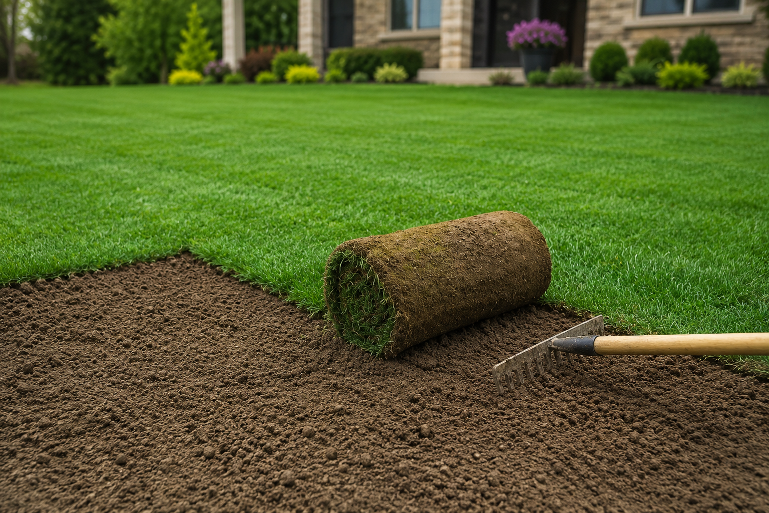 Fresh sod installation with ground preparation at a residential property in Aiken, SC