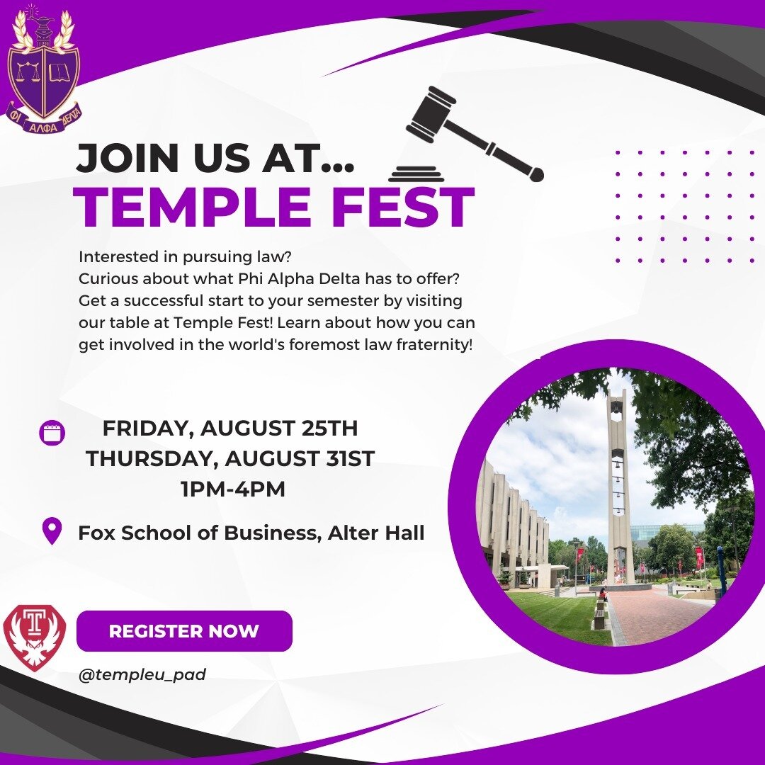 Welcome back, Owls!! There&rsquo;s no better way to begin the year than exploring what our school has to offer at Temple Fest! If you&rsquo;re interested, make sure to stop by Phi Alpha Delta&rsquo;s table at Alter Hall within &lsquo;the Egg!&rsquo; 
