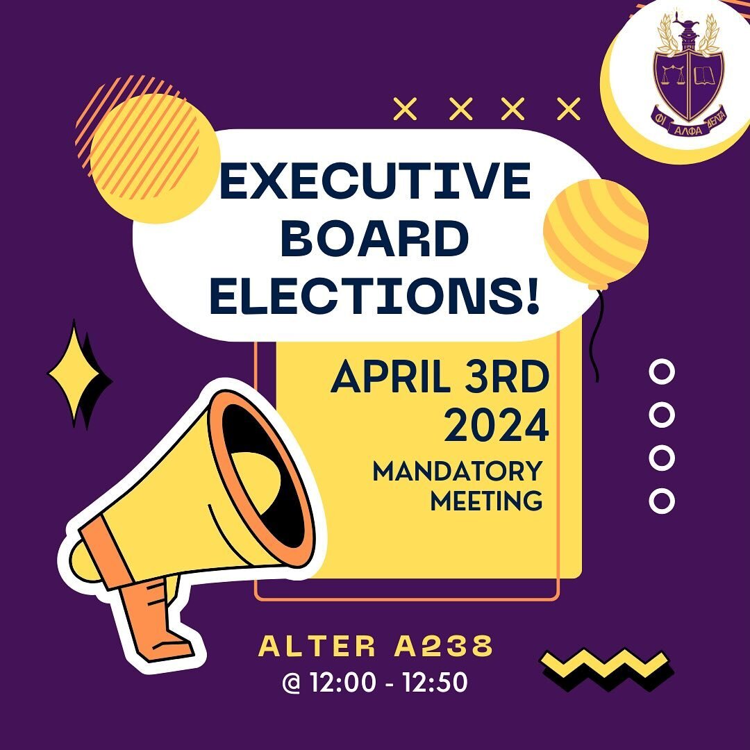 Good morning everyone! Don&rsquo;t forget that in place of today&rsquo;s meeting, we have our executive board election! Hear speeches from the individuals running for executive board positions. Reminder that this meeting is mandatory, so we look forw
