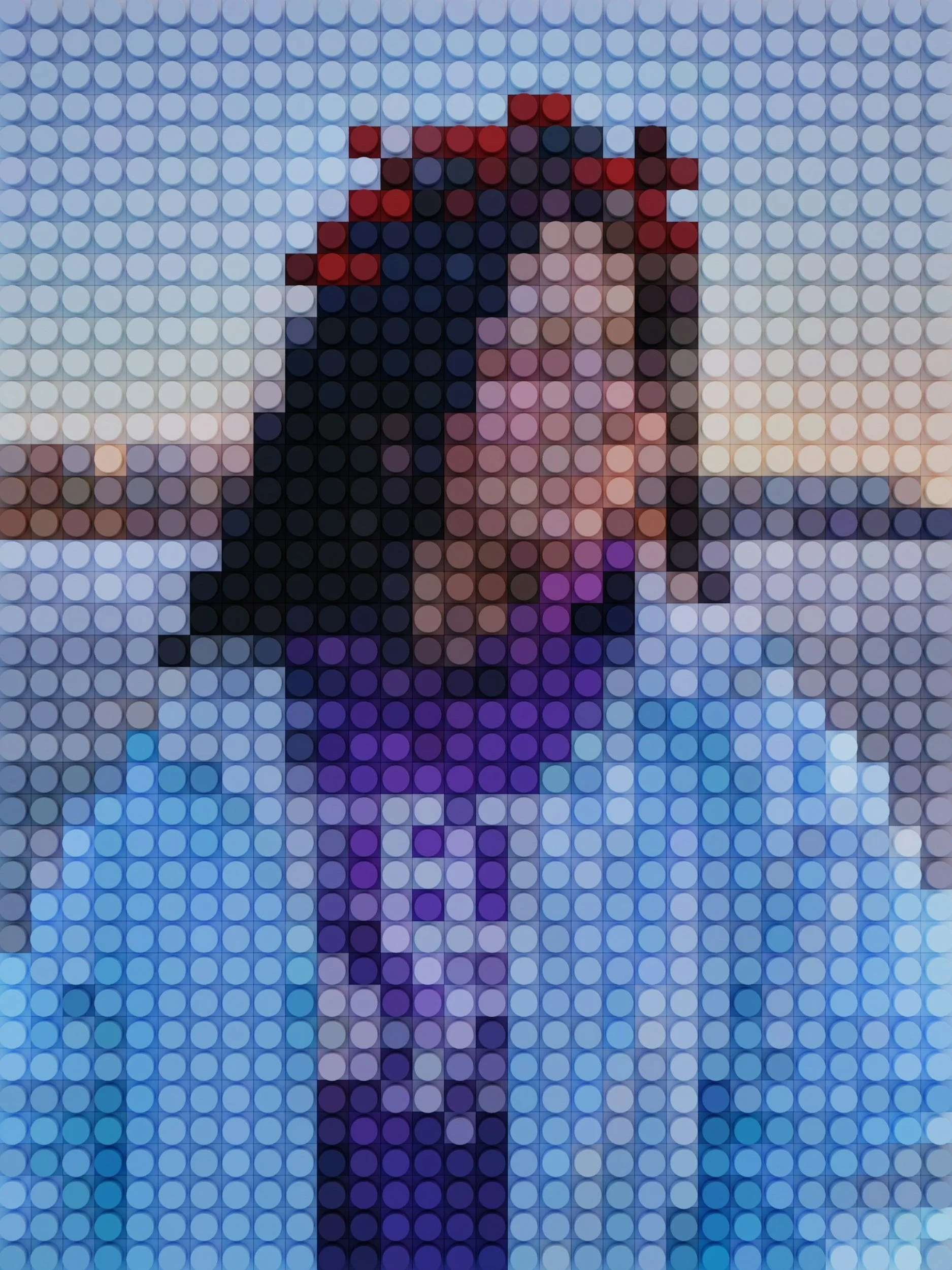 Pixelated image of a person with long hair, wearing a dark jacket, standing against a cloudy sky with some pastel colors.