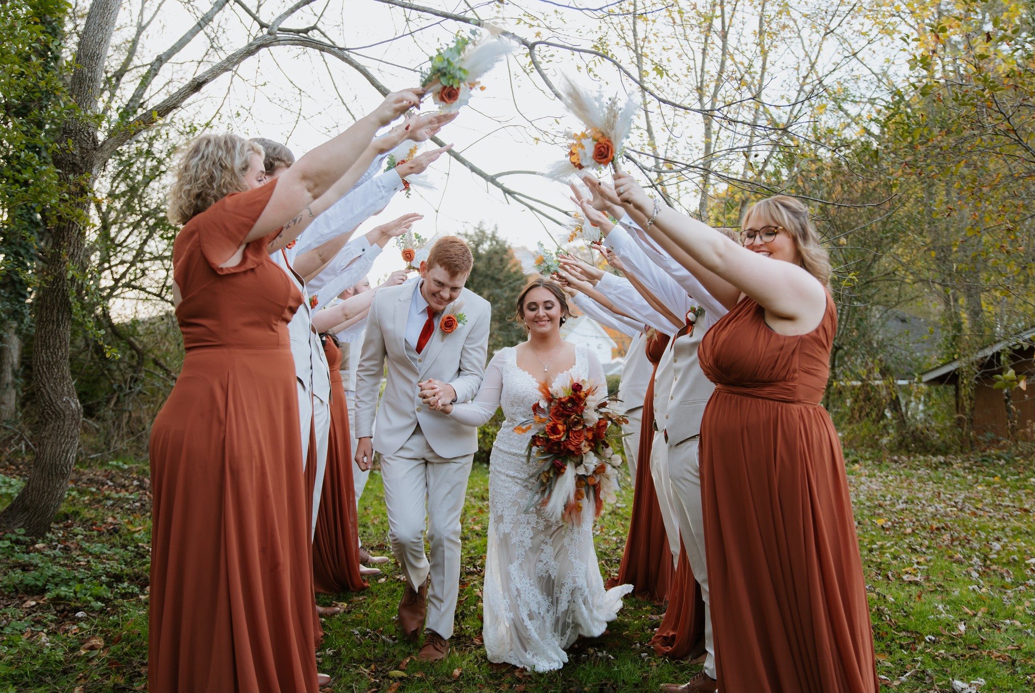 Bride and Groom after beautiful fall wedding at the outdoor venue, Blue Note Country Inn, near Asheville, North Carolina.