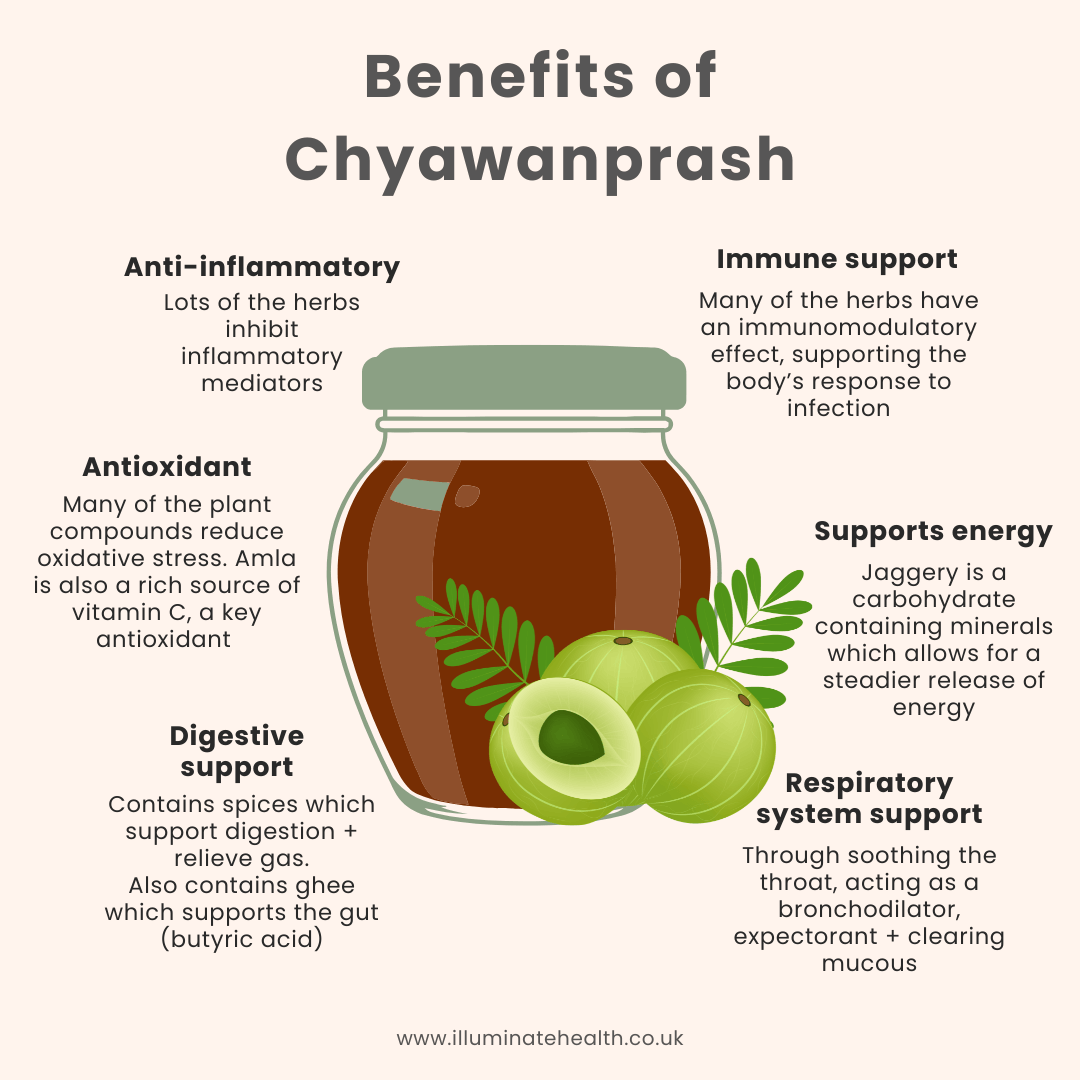 Infographic with drawing of a jar of Chyawanprash next to amla fruit and the beneficial attributes written around it.