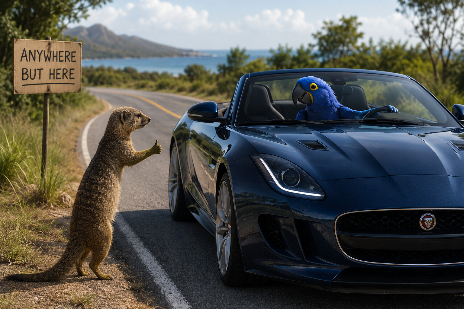 The blue parrot drove by the hitchhiking mongoose.