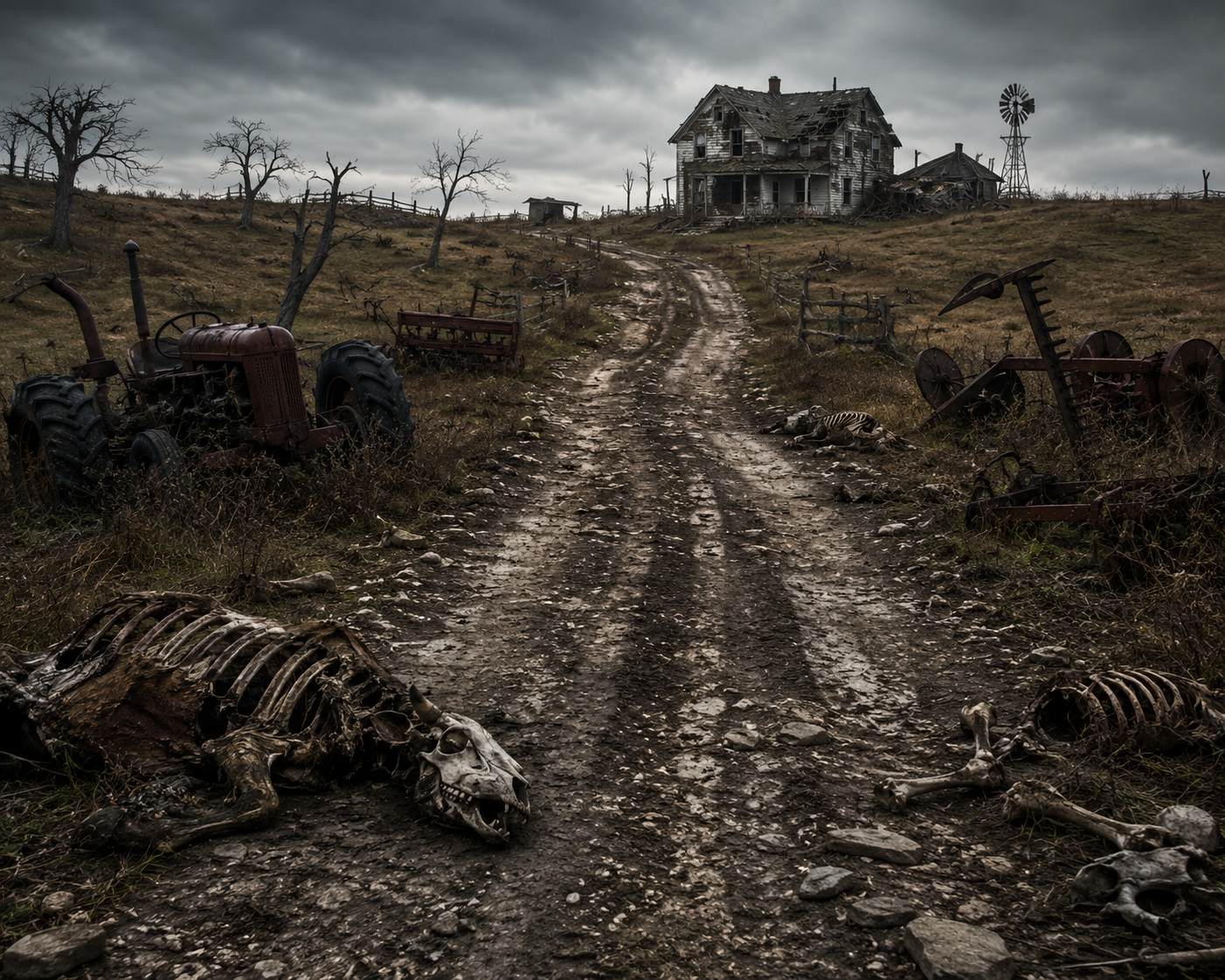 The old rusted farm equipment surrounded the house predicting its demise.