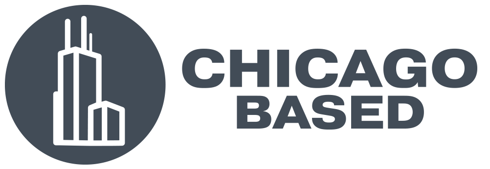 Logo with a stylized cityscape of Chicago and the text "Chicago Based"