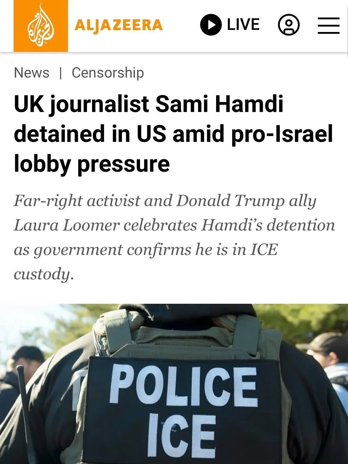 🚨BREAKING: ICE abducts and detains British Journalist Sami Hamdi, reportedly after pressure from pro-Israel lobby groups. 

Sami&rsquo;s only &ldquo;crime&rdquo; is that he has spoken out unapologetically for Palestine. 

&ldquo;Our nation must stop