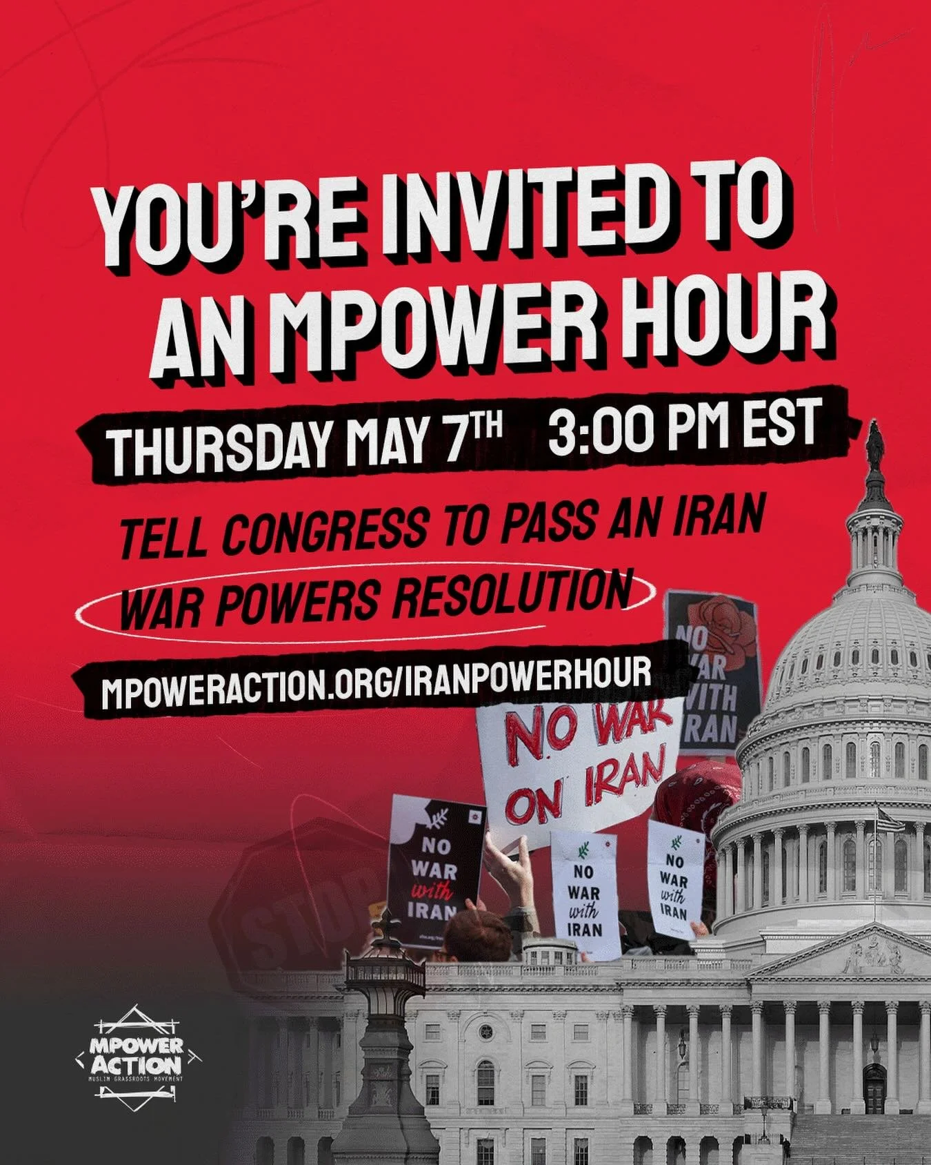 🚨MPOWER HOUR HAPPENING TOMORROW. RSVP in link below 👇 

U.S. and Israeli strikes have killed over 3,375 civilians, injured thousands, and displaced millions in an illegal regime change war, yet Congress has failed to stop this war. 

Join us for an