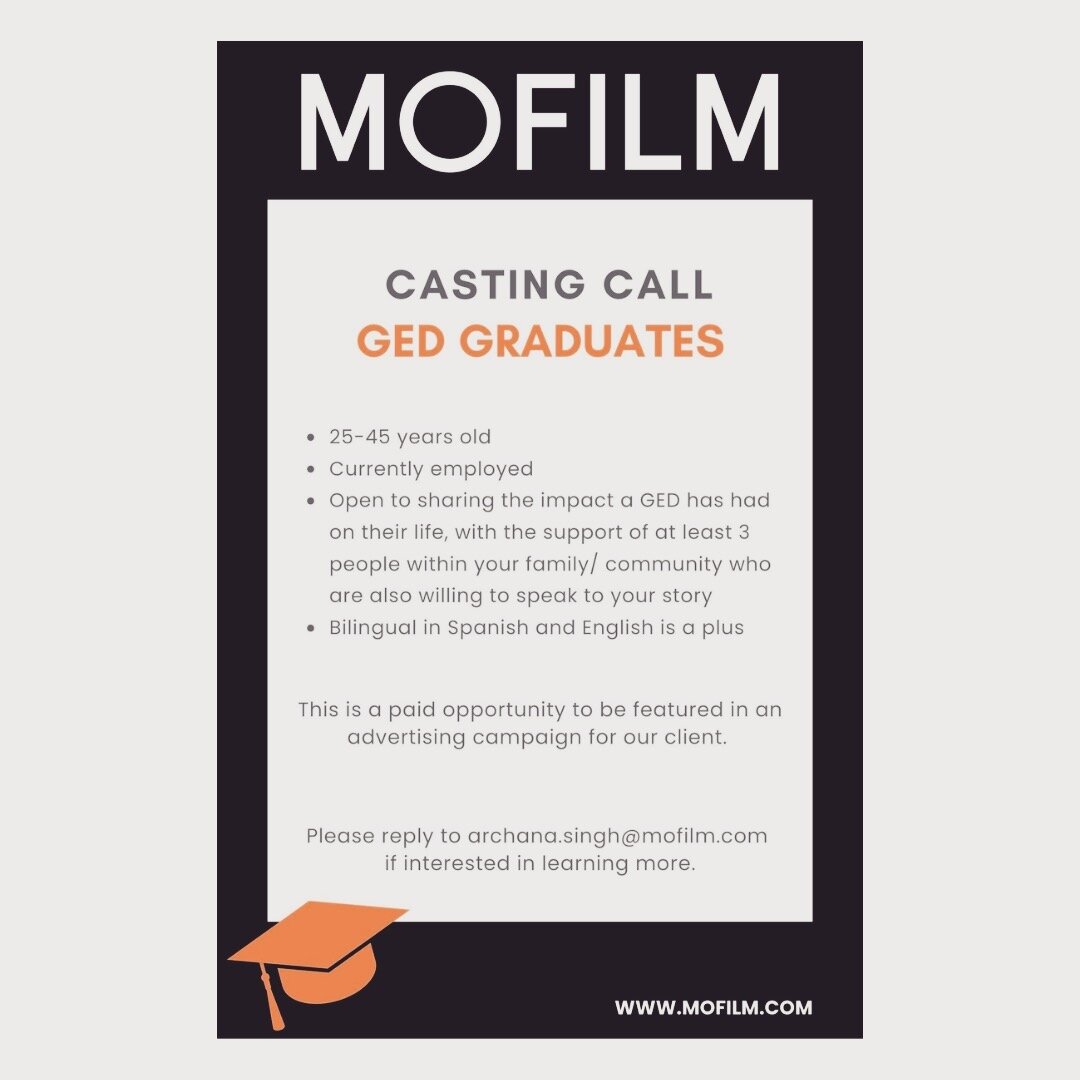 We are working with a very special client to tell a success story of someone that went back to school to complete their GED. We are looking for someone who is willing to speak about their own personal experiences on camera. This is a paid opportunity