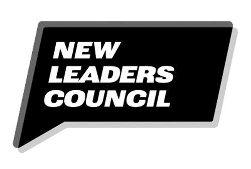 A black speech bubble with white bold text reading 'NEW LEADERS COUNCIL'.