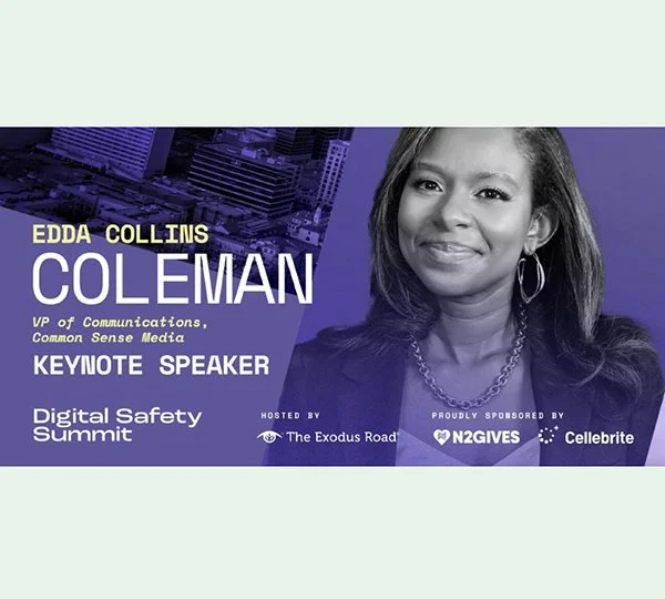 Promotional graphic for a Digital Safety Summit featuring Edda Collins Coleman, a keynote speaker, with a photo of her and logos of sponsors.