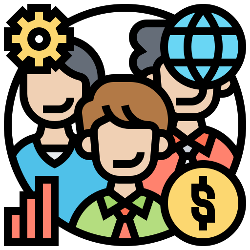 Business teamwork illustration with globe, dollar sign, and cog