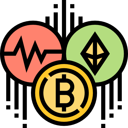 Cryptocurrency symbols including Bitcoin and Ethereum with a red heartbeat icon.
