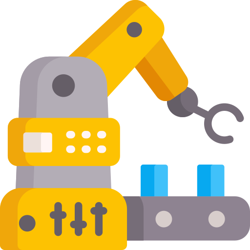 Industrial robotic arm with a claw attached to a conveyor belt.