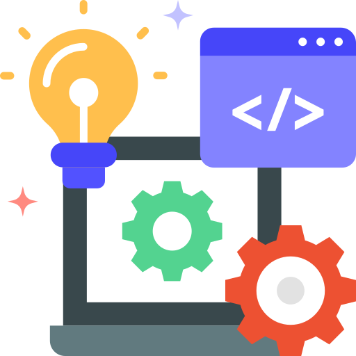 Illustration of a laptop with gears, a light bulb, and a code window, representing software development or programming.