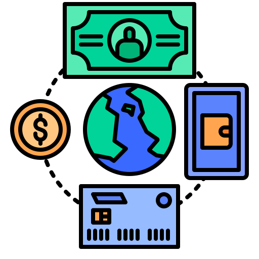 Global finance icons including money, credit card, coin, and smartphone.