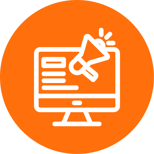 Orange circle with a white icon of a computer monitor displaying a megaphone and text, symbolizing digital marketing or online advertising."
