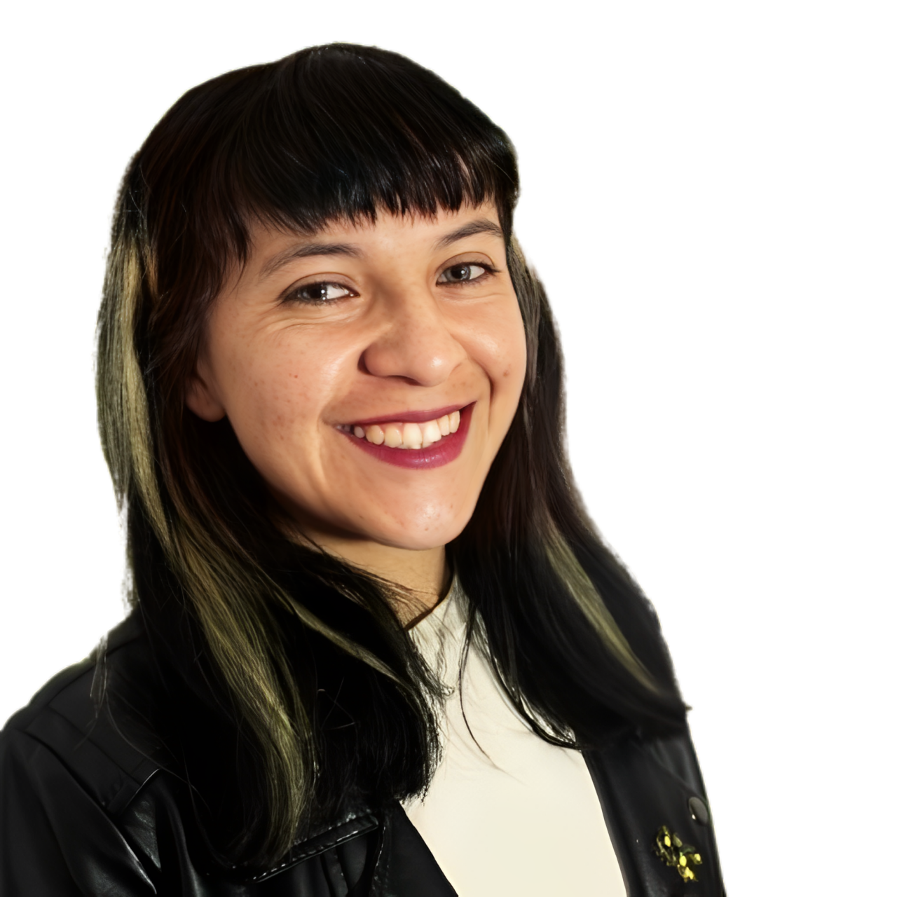 Smiling person with dark hair wearing a black leather jacket, against a white background.