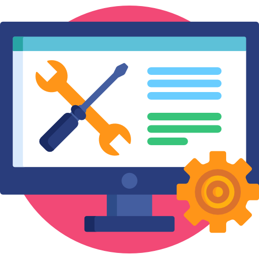 Computer screen with wrench, screwdriver, and gear symbols, indicating settings or maintenance.