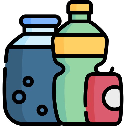 Colorful beverage bottles and a can illustration