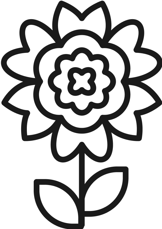 A simple line drawing of a sunflower with a stem and two leaves.