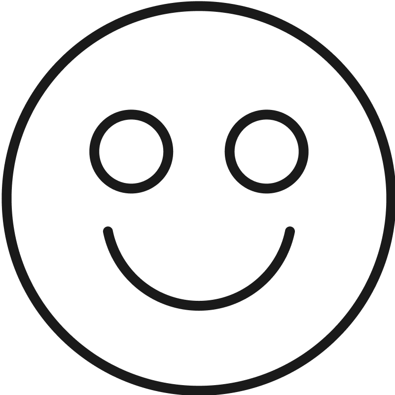A black and white smiling face emoji with a simple round face, two eyes, and a upward curved mouth.