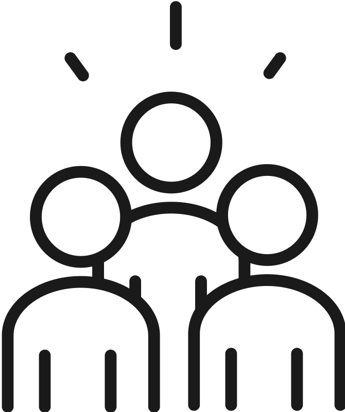 Outline of three people with a light bulb above them, symbolizing teamwork and ideas.