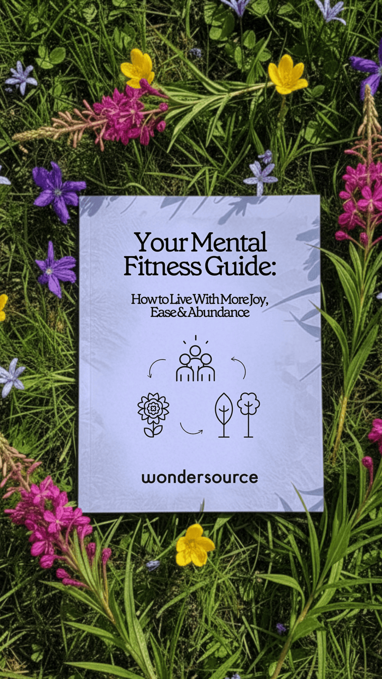 Cover of a guide titled "Your Mental Fitness Guide: How to Live With More Joy, Ease & Abundance" by Wondersource, placed on a bed of green grass with purple, pink, and yellow wildflowers.