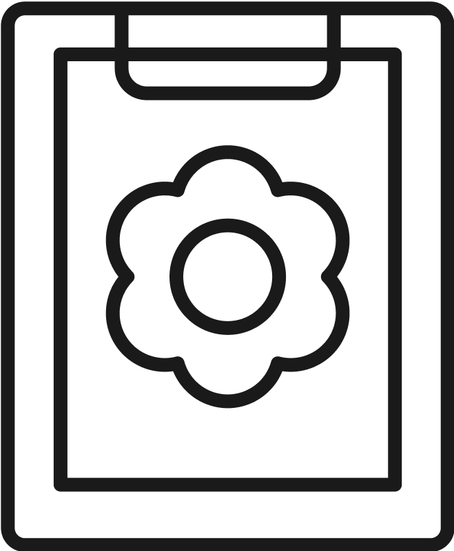Outline drawing of a book with a flower or daisy on the cover.