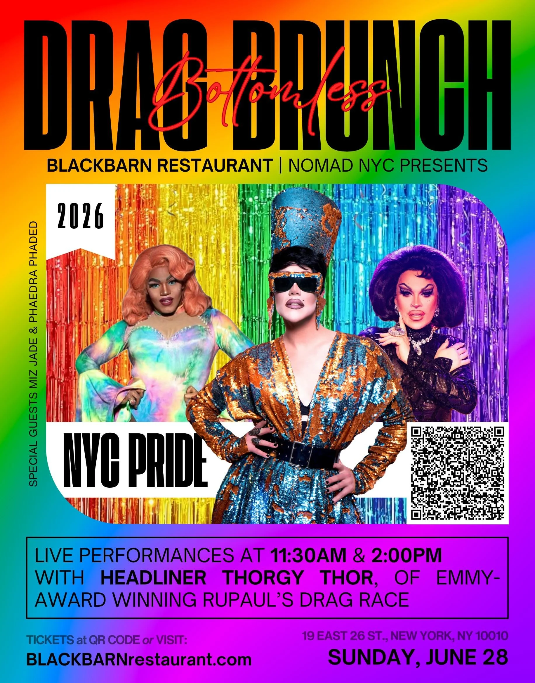 This Sunday at BLACKBARN 🌈🥂

Join Emmy Award-winning RuPaul&rsquo;s Drag Race icon Thorgy Thor alongside Phaedra Phaded + Miz Jade for a high-energy Pink Pony Pride Brunch featuring:
🥂 a LOVE P!NK shooter on arrival
🍳 a three-course brunch by Che
