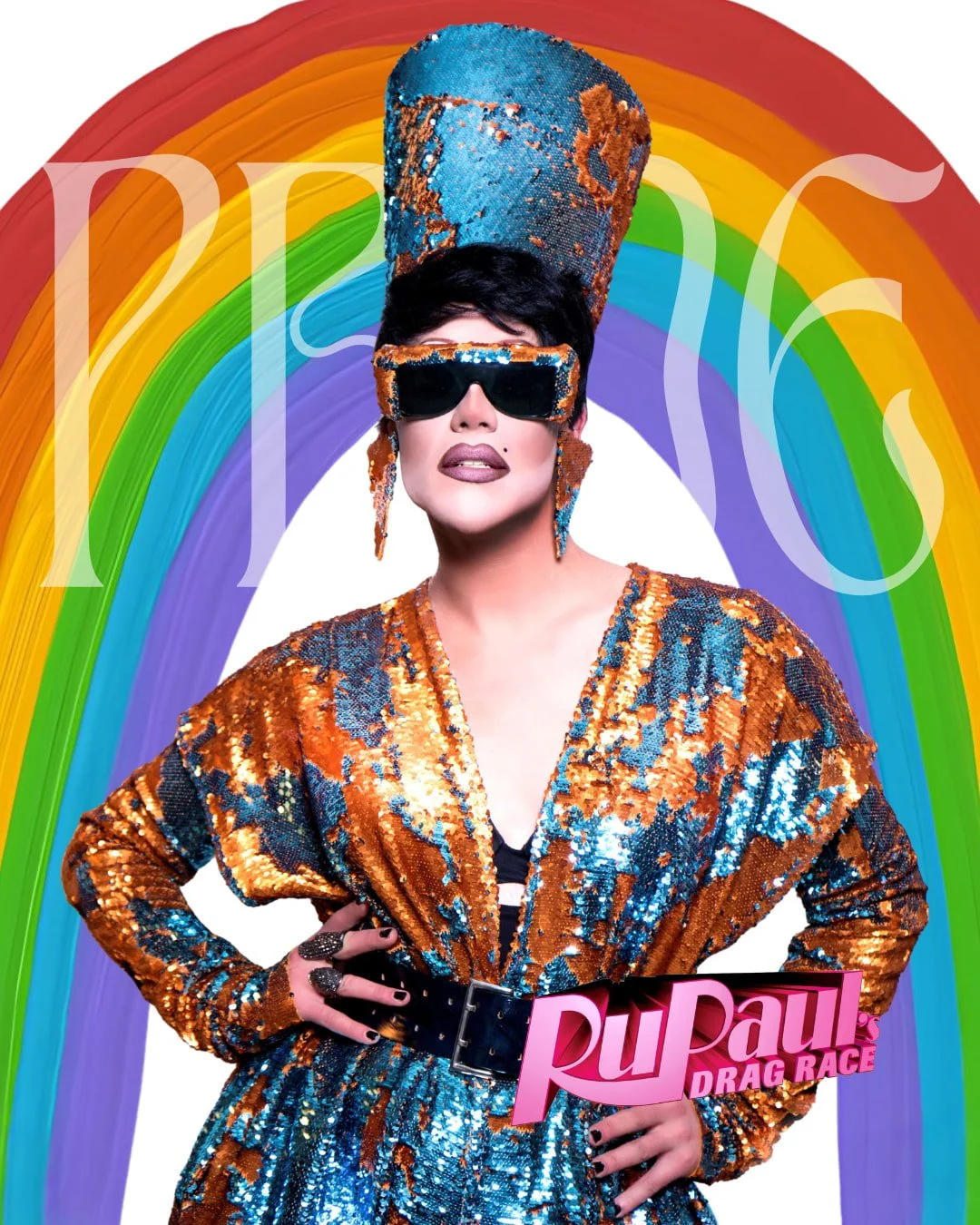 Drag performer Thorgy Thor of RuPaul's Drag Race posing in front of a rainbow with the word PRIDE, her head and hat forming the letter I, on a flyer for BLACKBARN's NYC Pride Drag Brunch