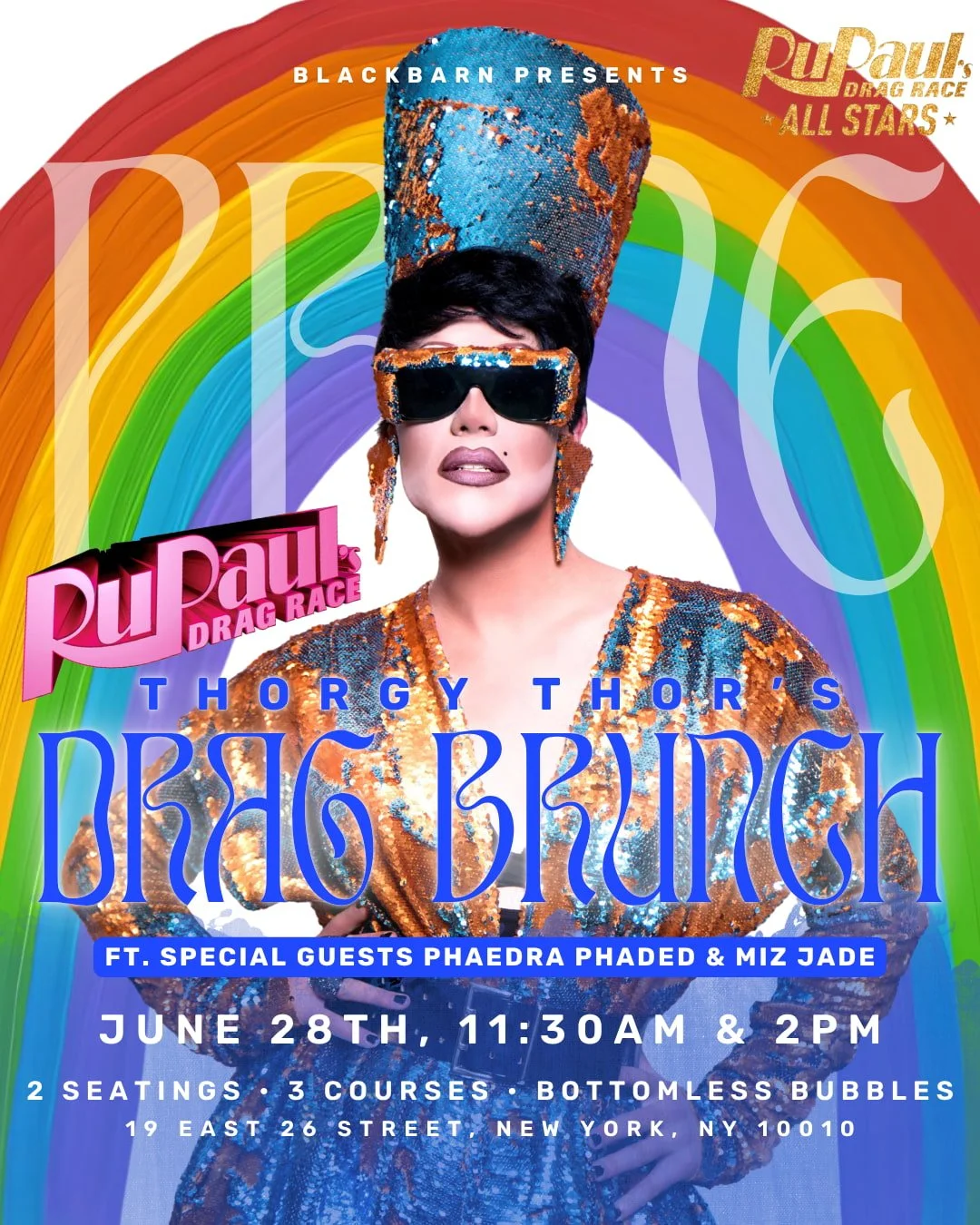 BLACKBARN BLOG NYC Pride 2026 Drag Brunch Flyer with Ru Pauls Drag Race Logos