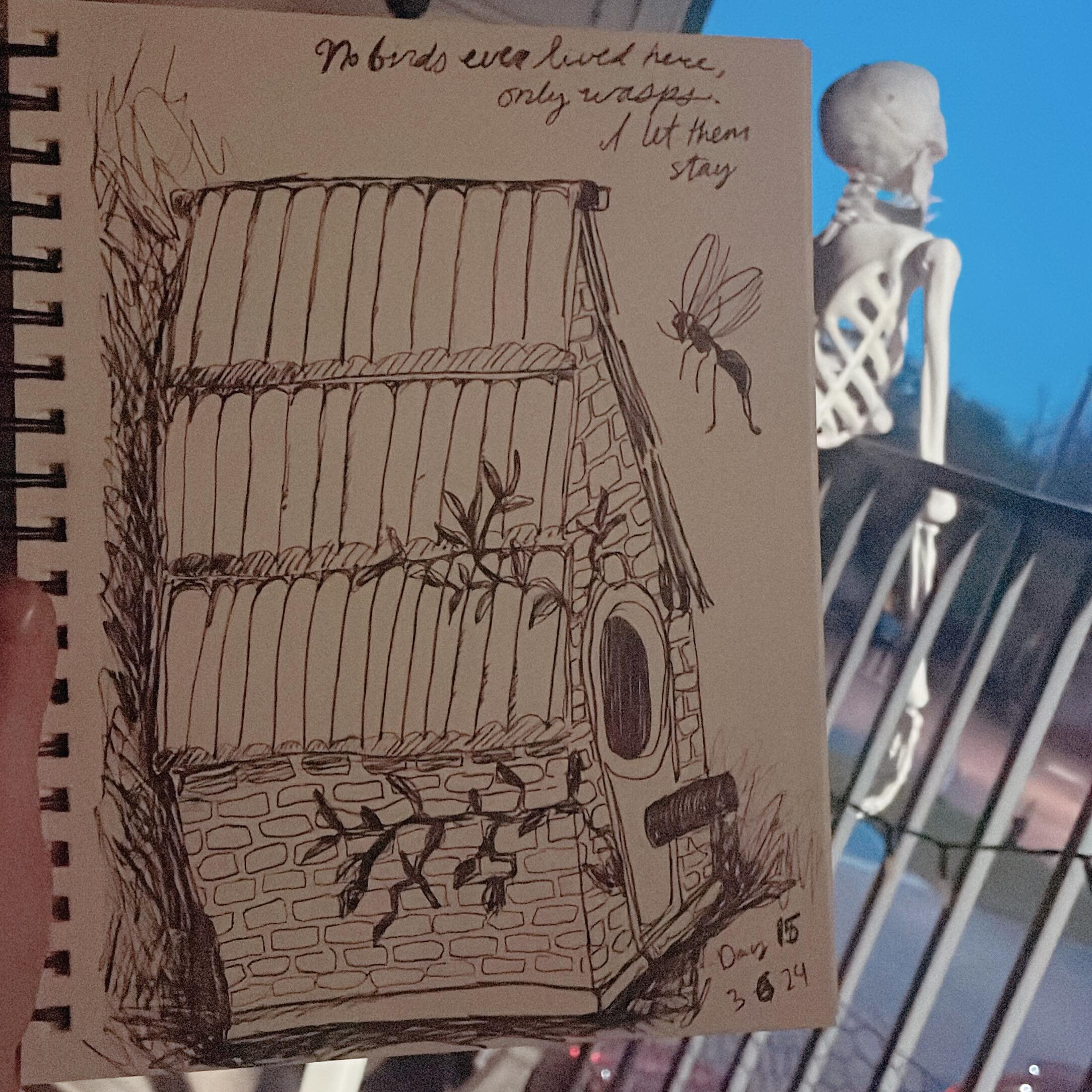 Day 15 ✨ I&rsquo;ve missed 3 days of the challenge but I&rsquo;m back at it! Today&rsquo;s drawing is a birdhouse that never housed any birds, only paper wasps. But the wasps and I were chill, I swear I made eye contact with one for like a whole minu