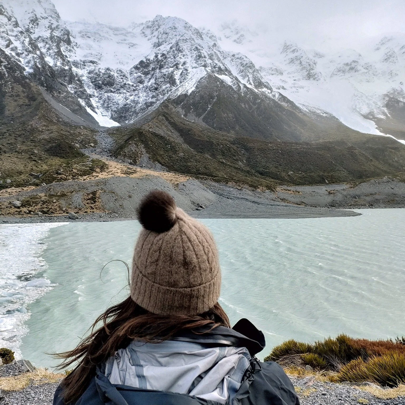 Cosied up and loving it ❄️ Angela in the Wyld Cosy Hat, taking in the magic of Hooker Valley. Wind, wool, and wild beauty&mdash;just how we like it. 

#WyldWool #CosyHat #HookerValley #NZMade #NaturallyWyld