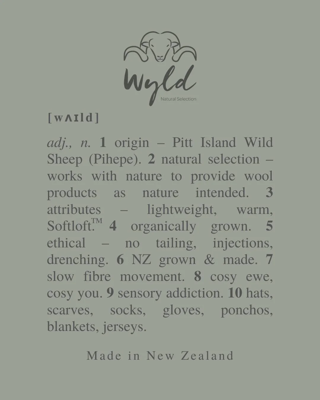 Wyld (wīld) / adjective / New Zealand

Lightweight, soft wool grown on Banks Peninsula, blended with possum.

Knitwear made in New Zealand - including socks in Levin - designed for everyday adventures.

Cosy enough for prams, hikes, and everything in