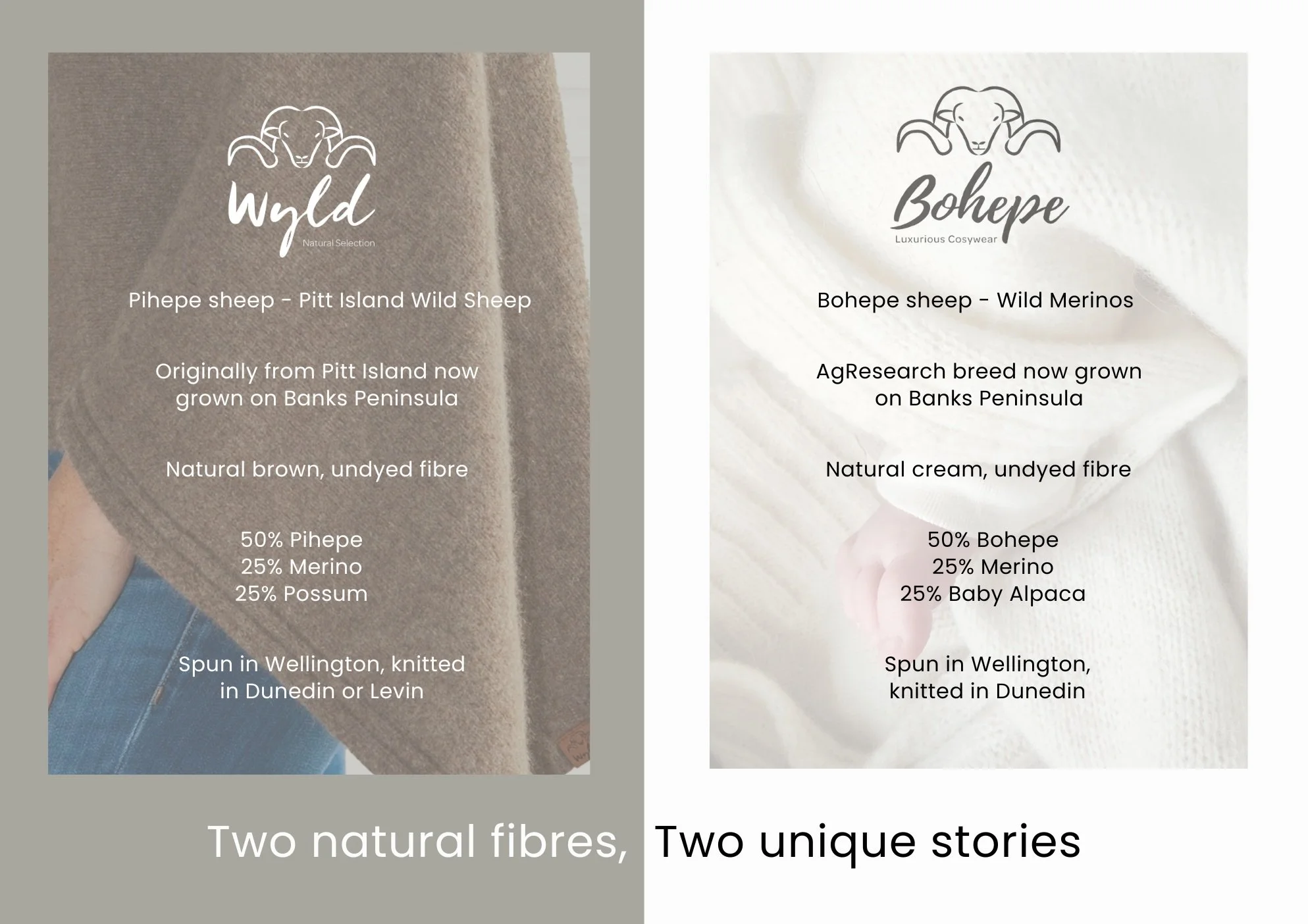 Wyld Pihepe and Bohepe natural New Zealand wool fibre blends in undyed brown and cream