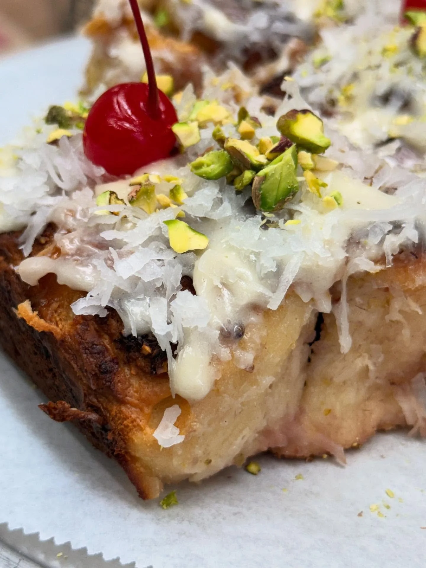 Ambrosia Roll. Raspberry, Coconut, Pineapple, Pistachio, Cream Cheese&hellip; and a Cherry on top! Made w Organic Sourdough Brioche dough okay!! #whynot #happyrolls #delicious #happybakes #happyluncheonette