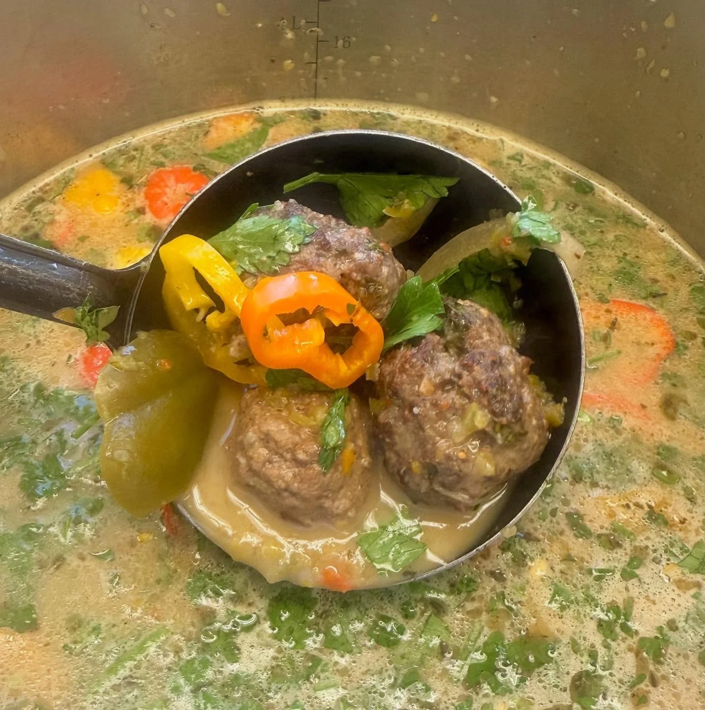 Creamy Sweet Pepper Meatball Soup w Buffalo Mozzarella and Parm. Chilly weather, hot hearty soup w toasty butter grilled roll. #seeyouforlunch #hotsoup #sweaterweather #meatloafsandwich #eggplantburger #newmenuitems #downtownmedford #downtownmedfordr