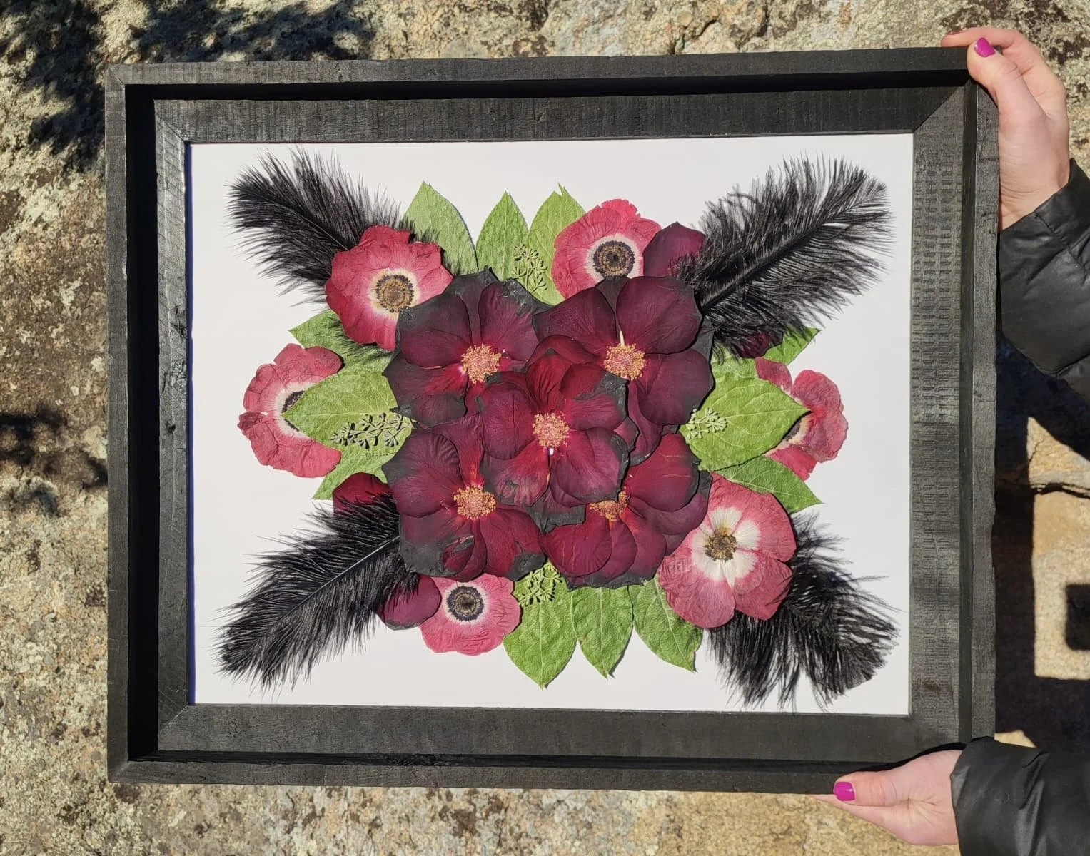 A framed floral arrangement featuring pressed red and pink flowers, green leaves, and black feathers on a white background, held by two people's hands.