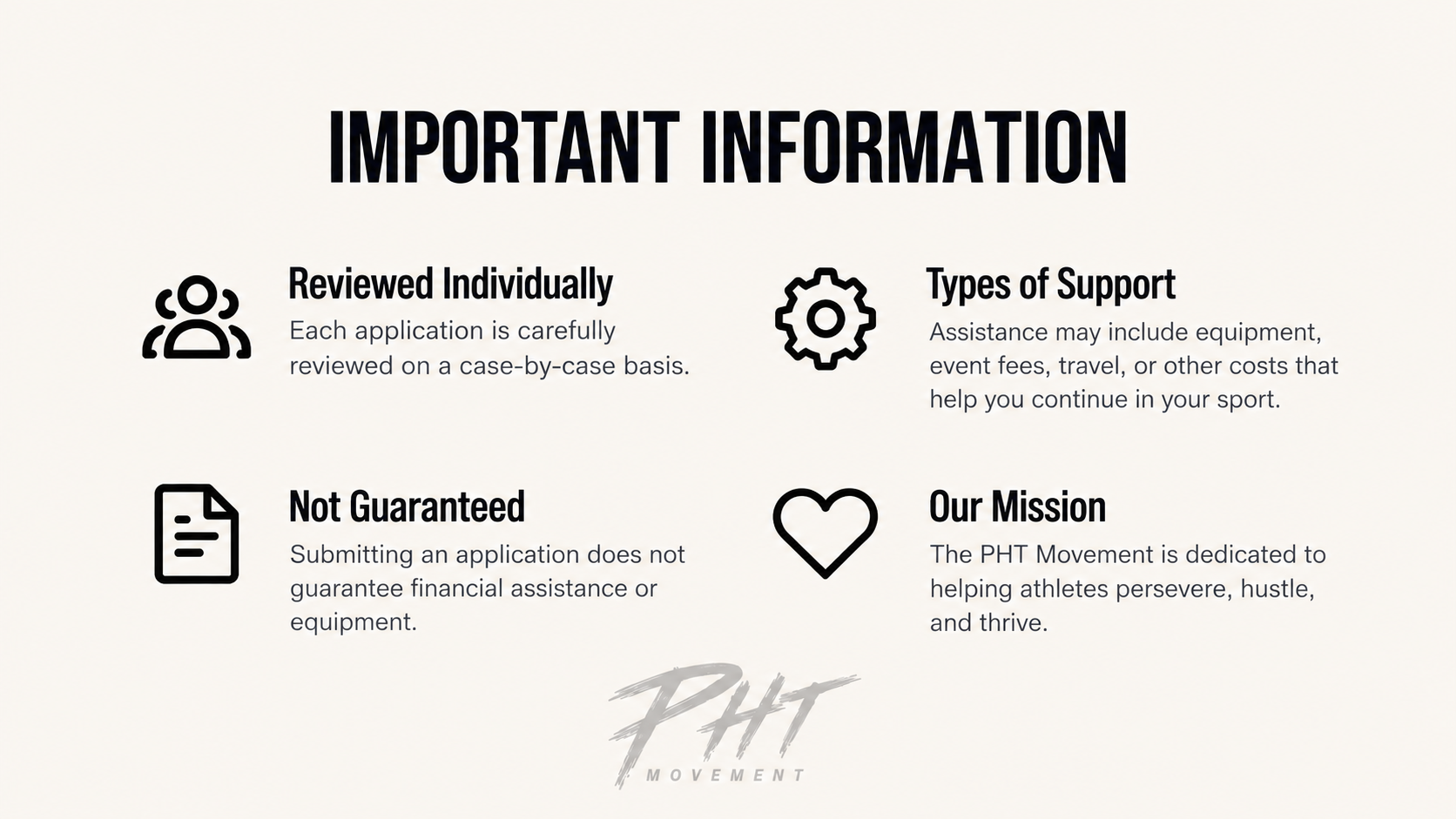 Information about the PHT Movement, including points such as reviewed applications, types of support, not guaranteed, and the mission of helping athletes persevere and thrive, with icons for each section.