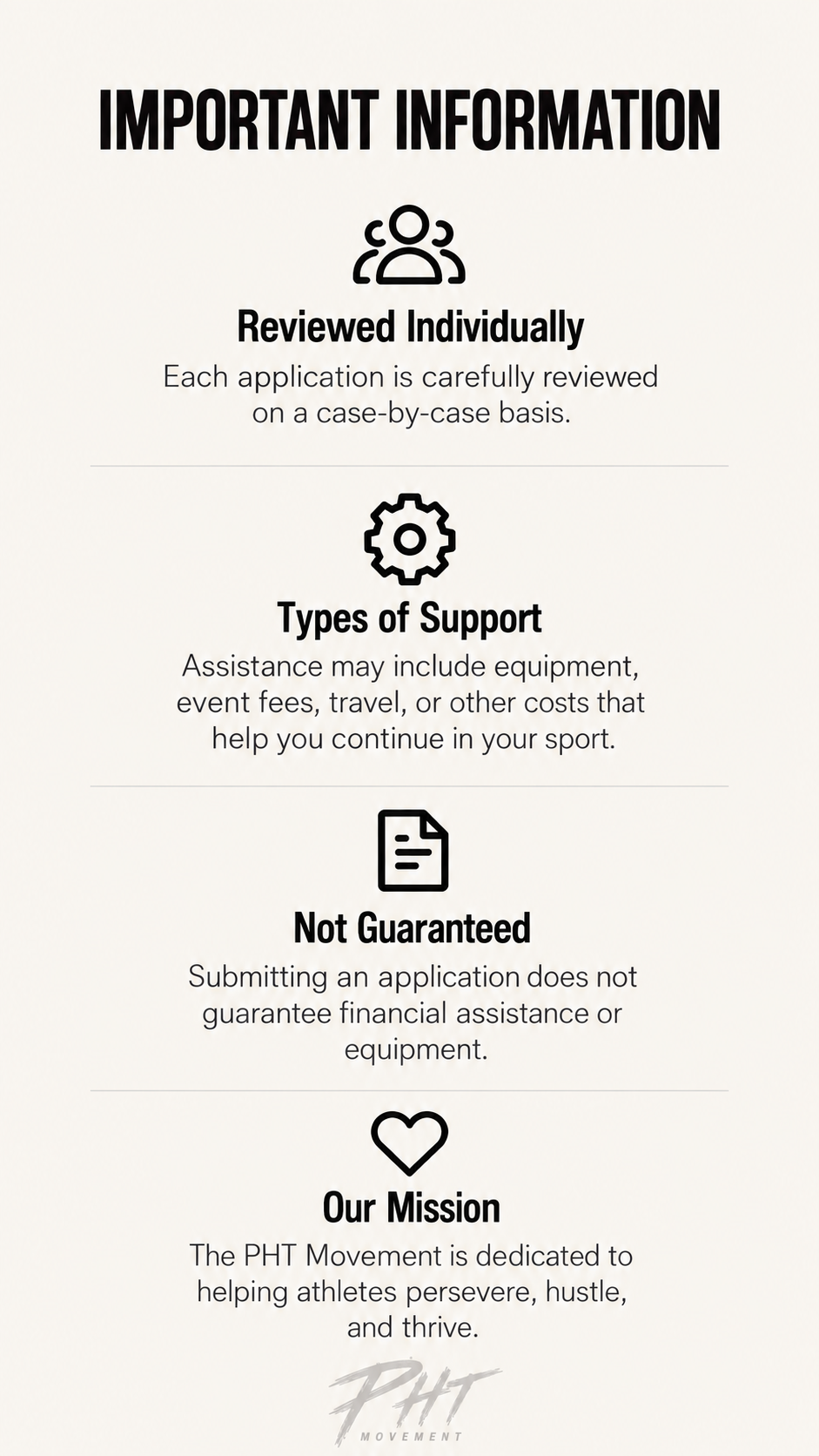 A poster titled 'Important Information' with sections about reviewed applications, types of support, non-guarantee policy, and the mission of the PHT Movement, featuring icons for each section.