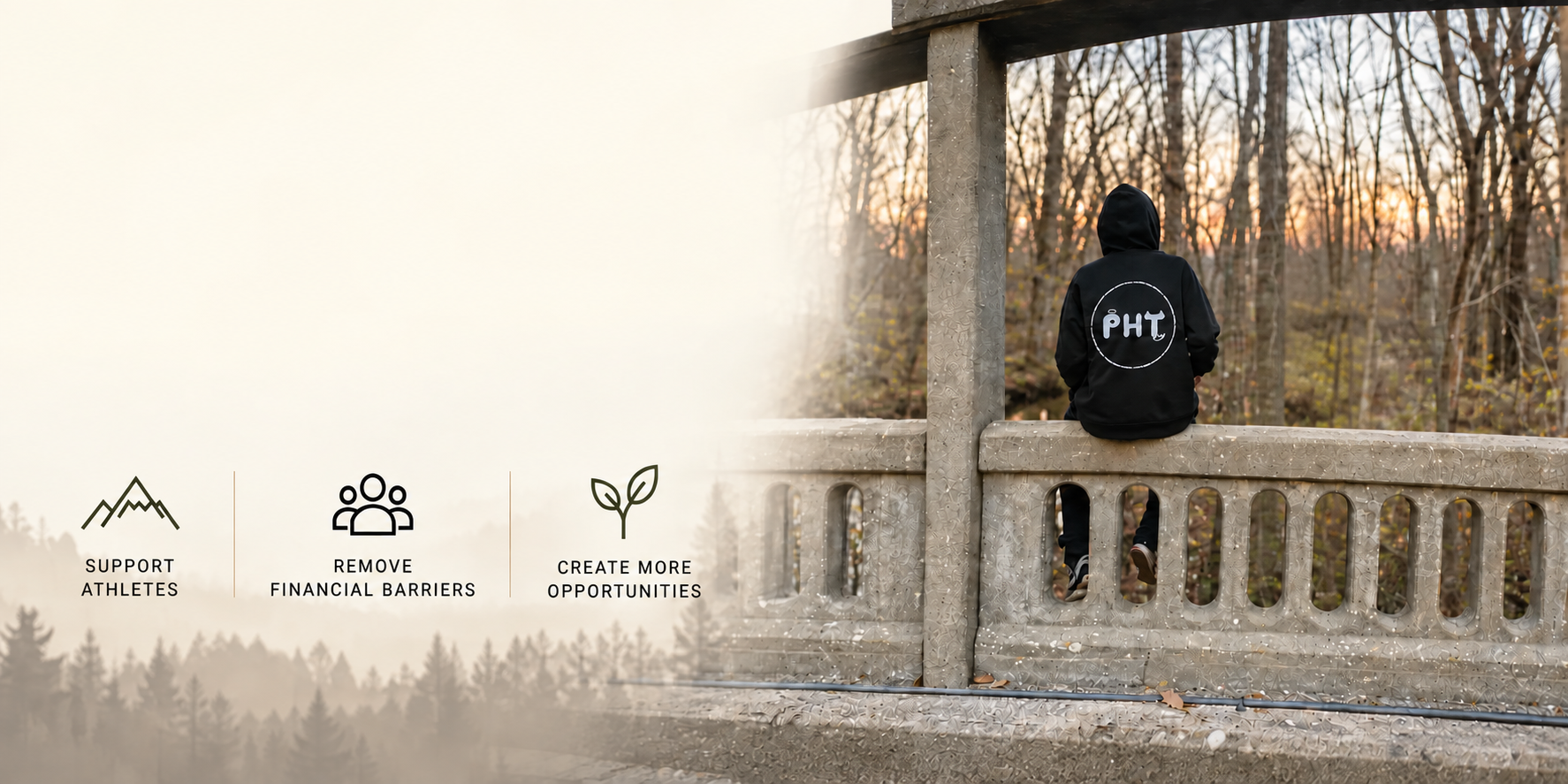 Phantom Action Sports athletes wearing black PHT hoodies on a bridge at sunset