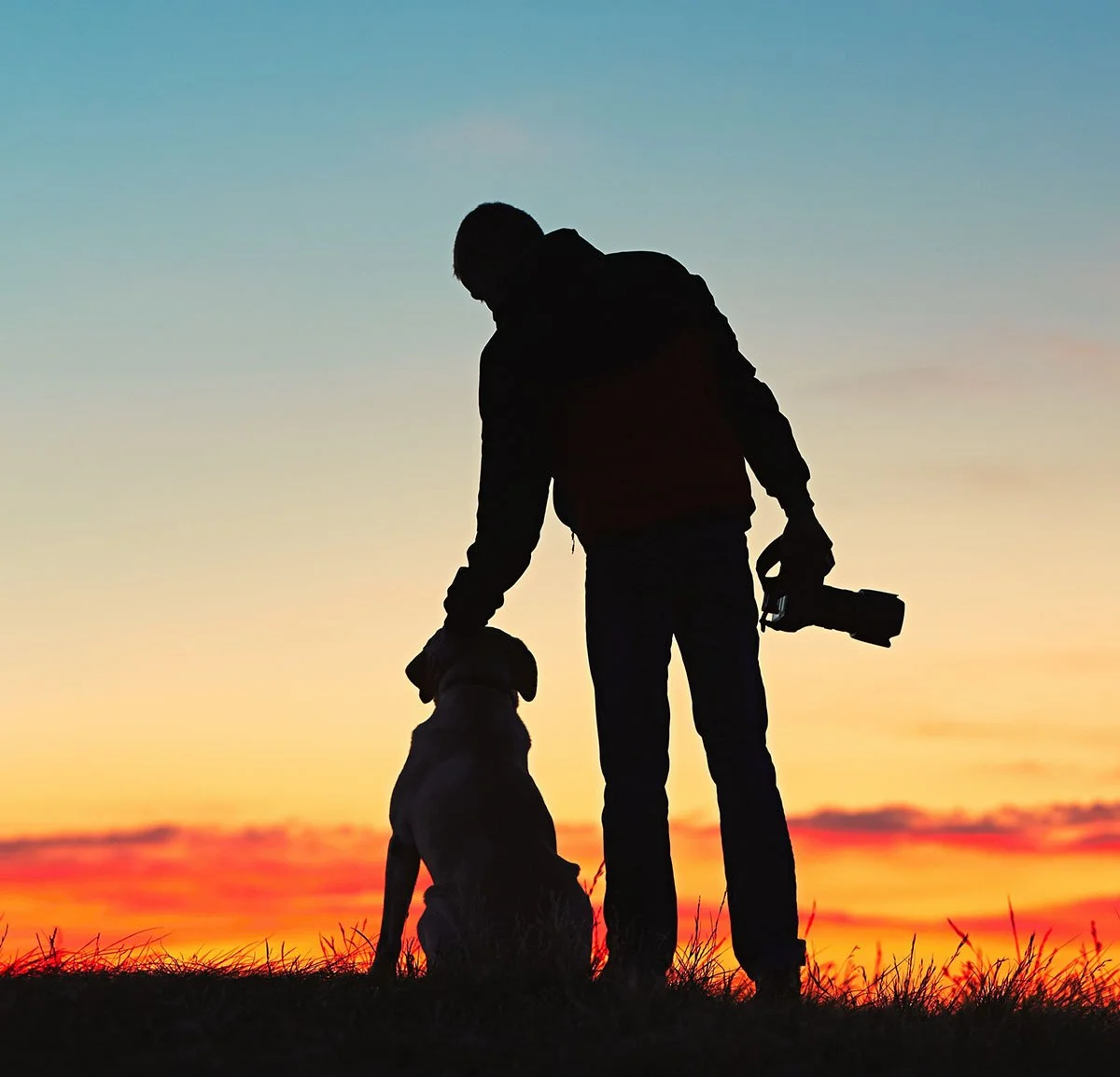 Photographer with a camera petting a dog