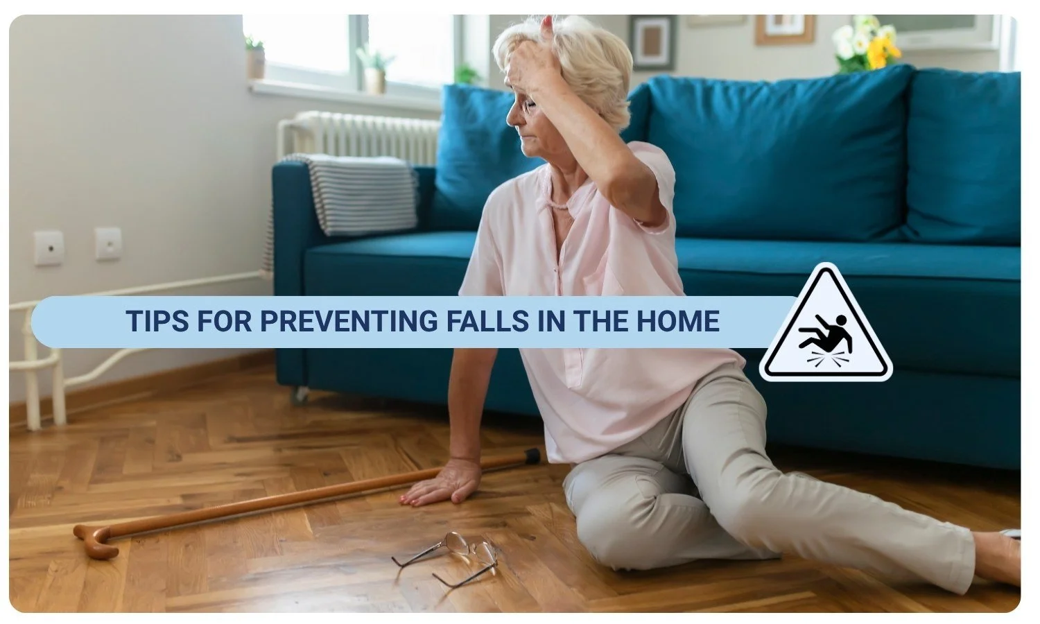 older lady with a cane getting up after falling over in her home, tips for preventing falls in the home