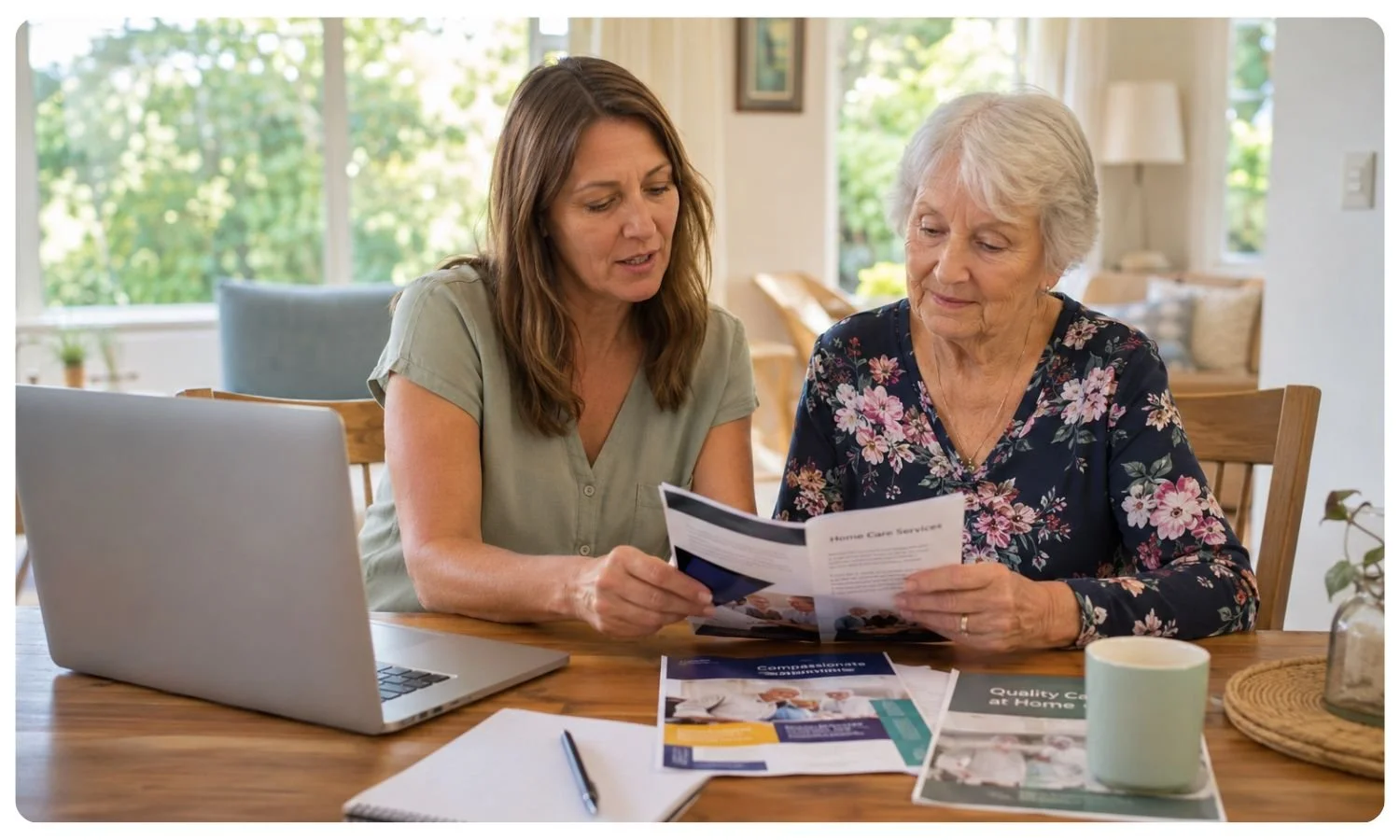 elderly mother and daughter comparing support at home providers on dining table in Sydney, comparing providers, care options