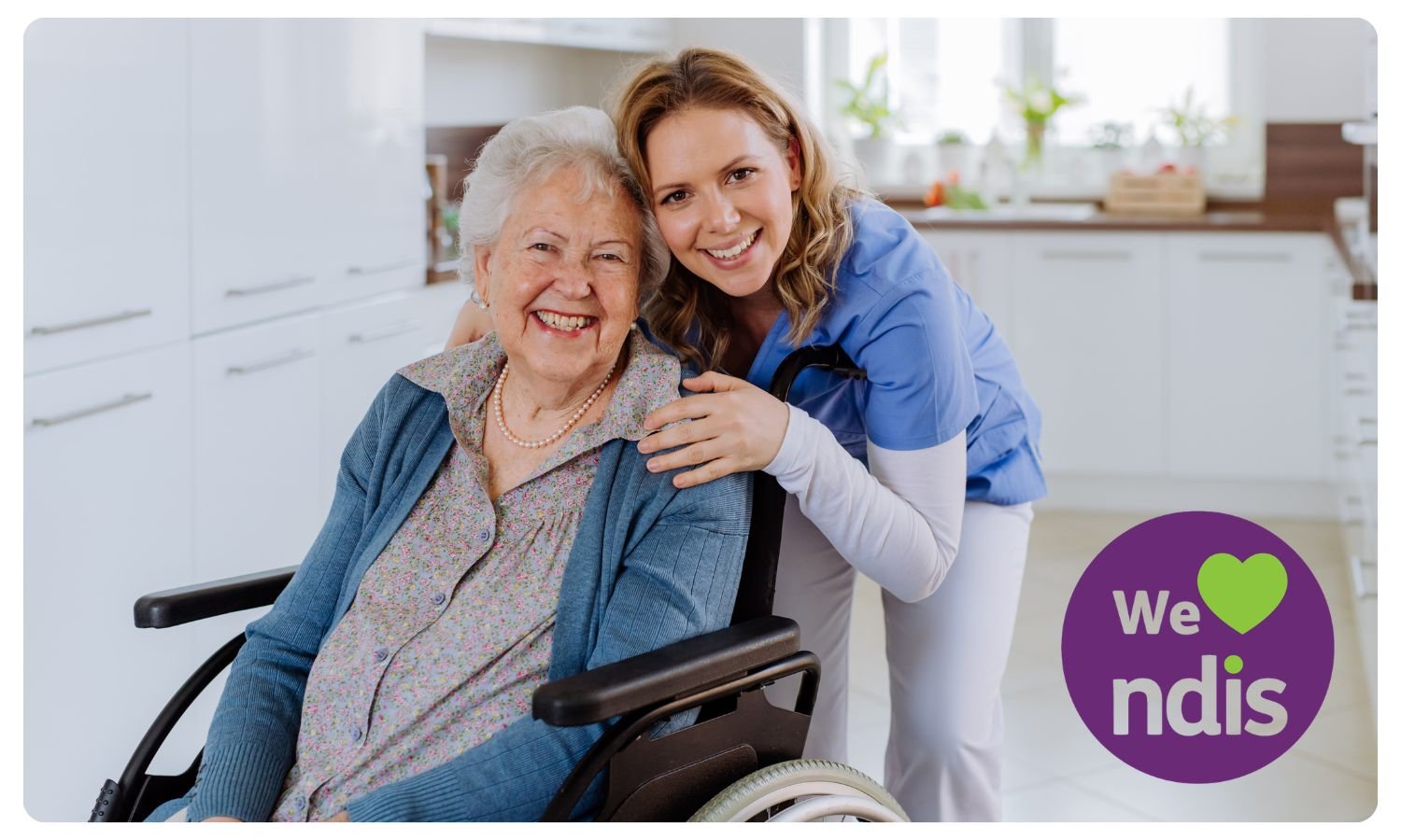 disability support worker smiling with older ndis participant, ndis aged care, disability support over 65, elderly with disability