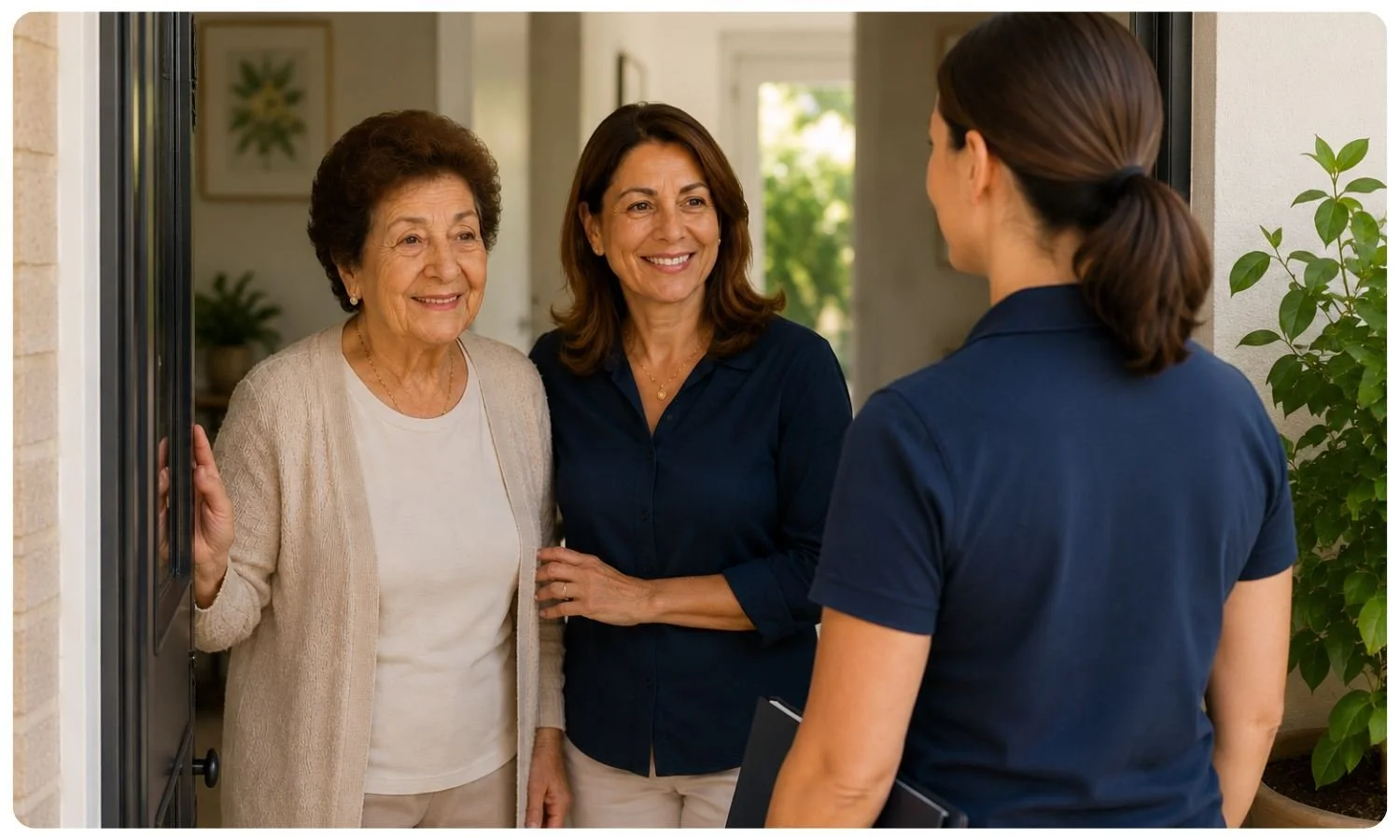 senior woman welcomes care partner into home, home care first consultation