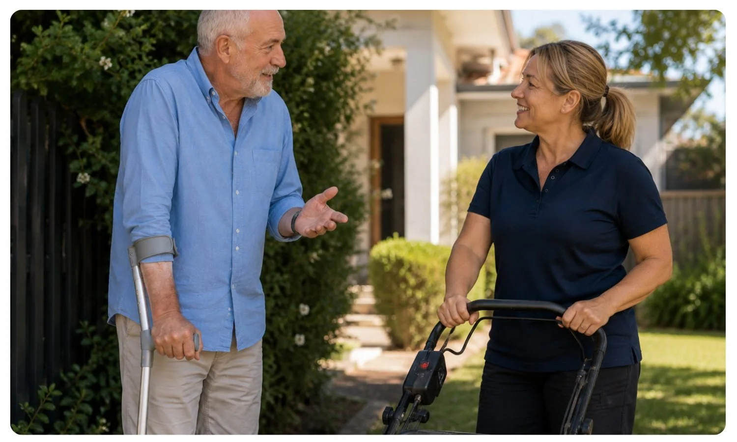 old gay man talks to woman helping by mowing his lawns, home help for gay seniors, lgbt support at home
